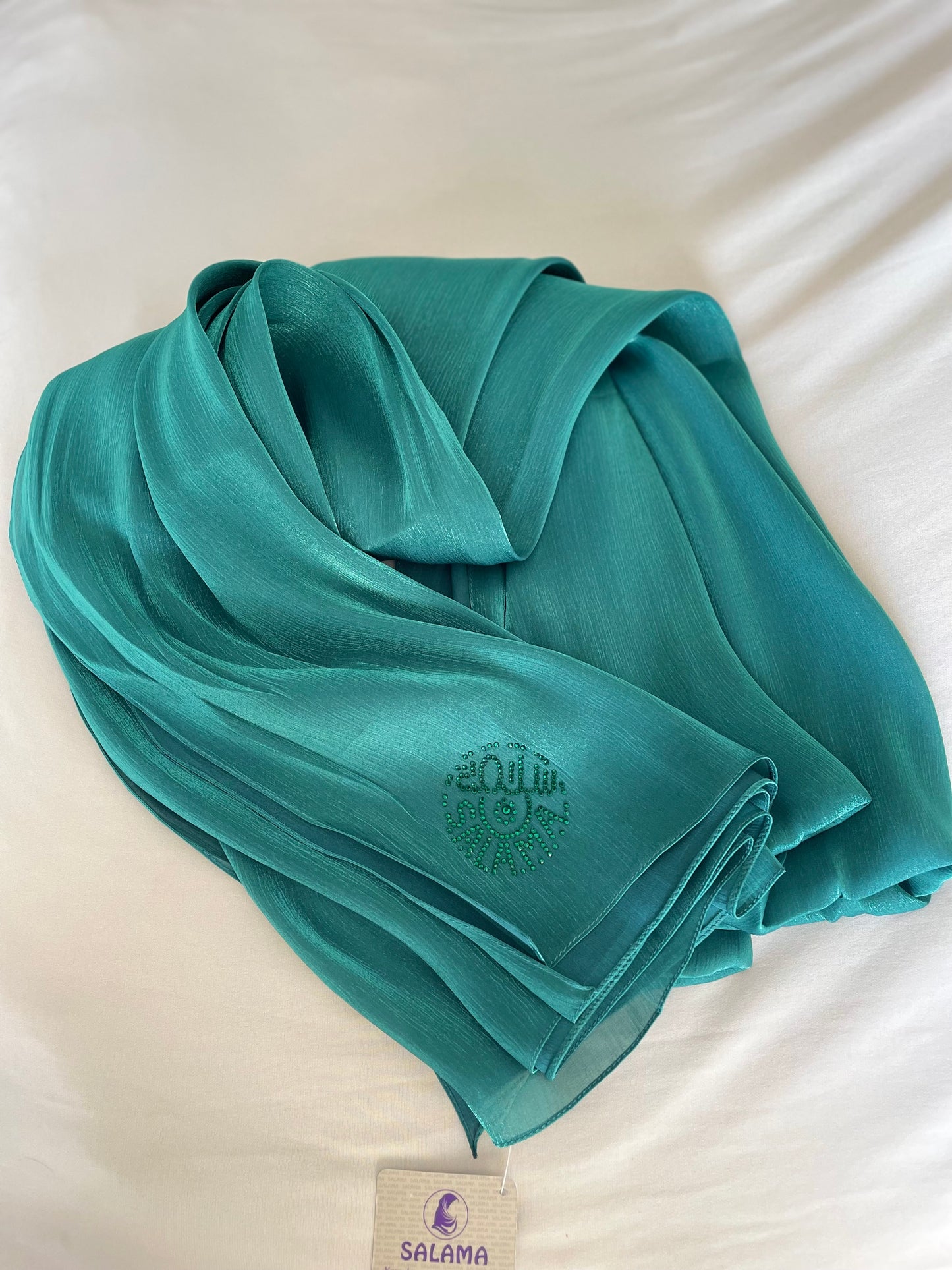 Green rhinestone silk organza