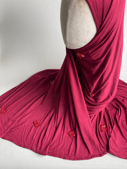 Hijab jersey brodé main Cerise