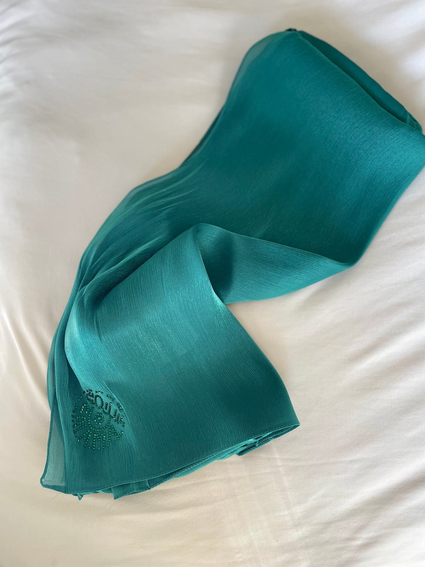 Green rhinestone silk organza