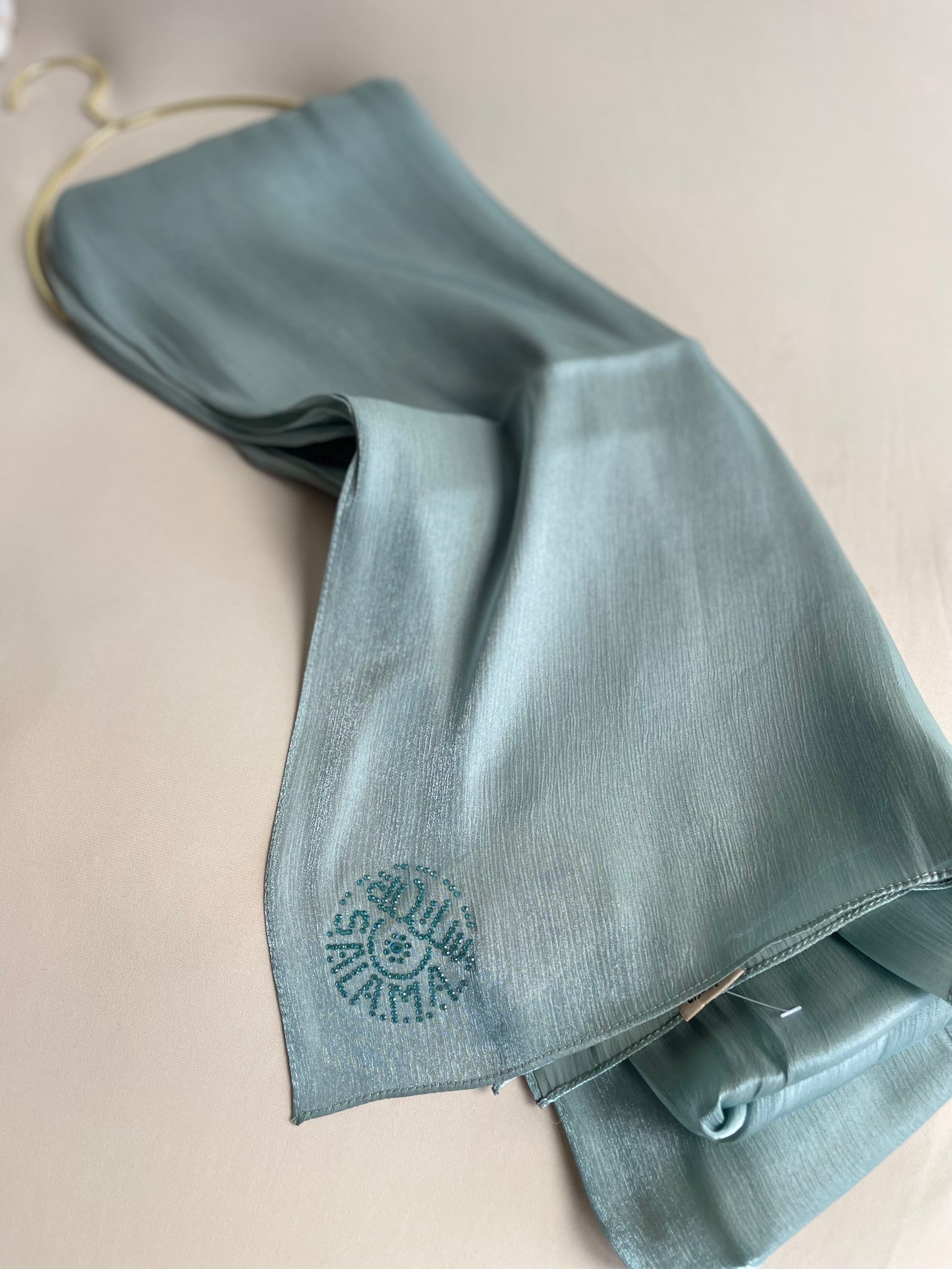 Water Green Rhinestone Silk Organza