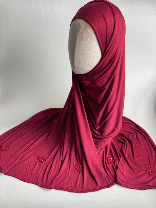 Hijab jersey brodé main Cerise