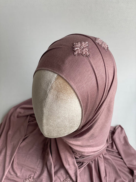 Hijab jersey brodé main Rose