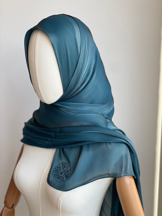 Organza de soie strass Bleu paon