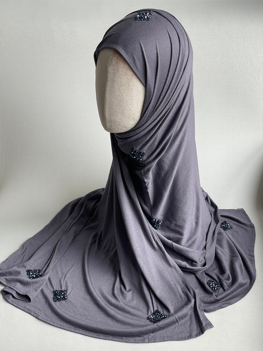 Hijab jersey brodé main Gris