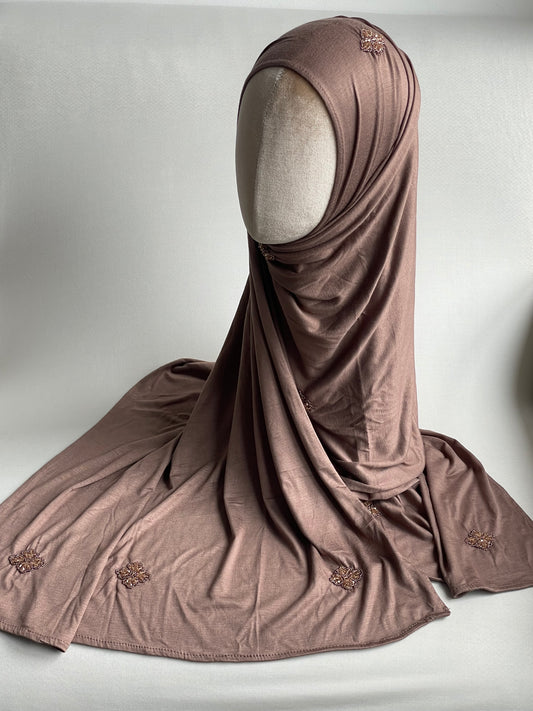Hijab jersey brodé main Taupe