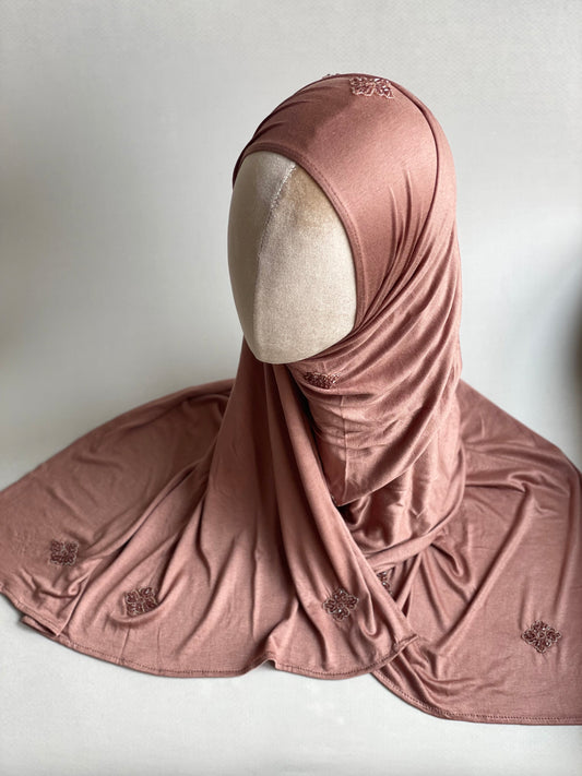 Hijab jersey brodé main Saumon
