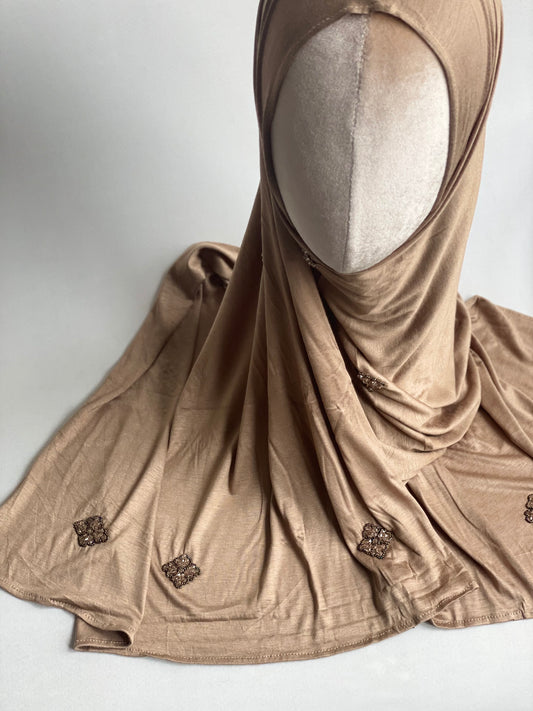 Hijab jersey brodé main Kaki clair
