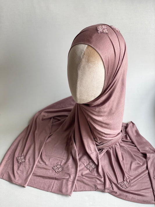 Hijab jersey brodé main Rose