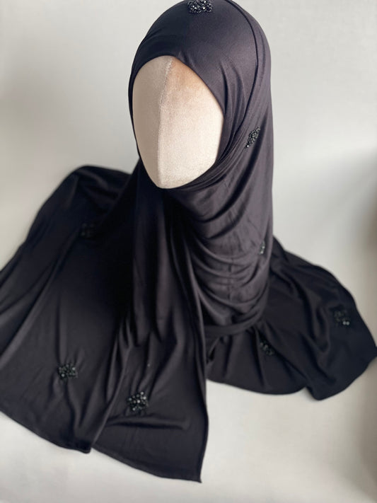 Hijab jersey brodé main Noir