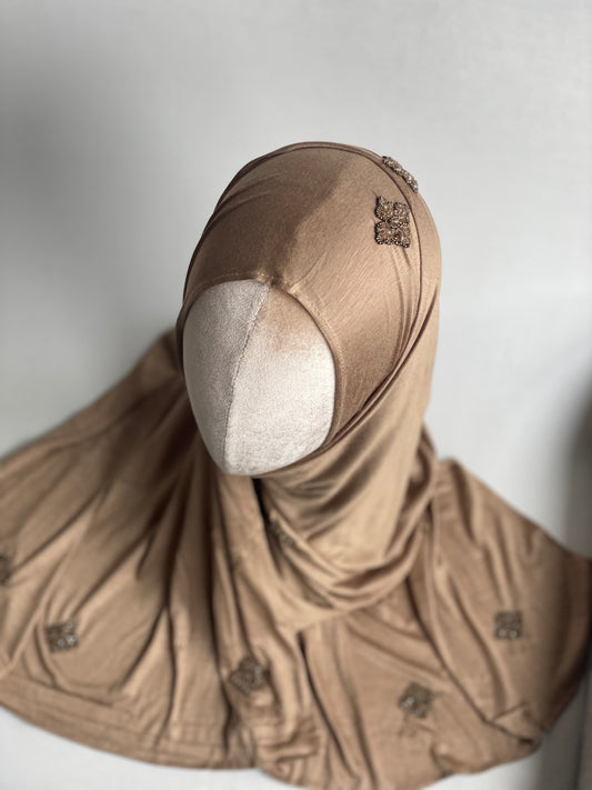 Hijab jersey brodé main Kaki clair