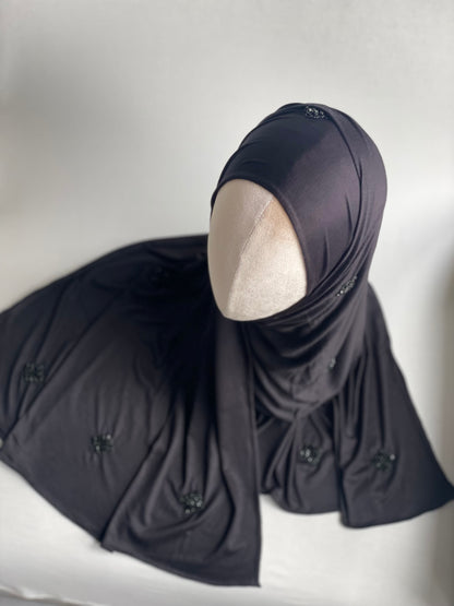 Hijab jersey brodé main Noir