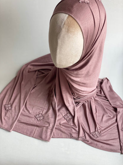 Hijab jersey brodé main Rose