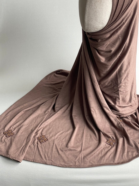 Hijab jersey brodé main Taupe