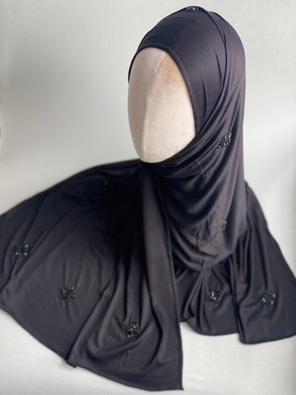 Hijab jersey brodé main Noir