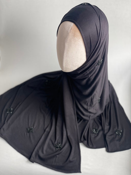 Hijab jersey brodé main Noir
